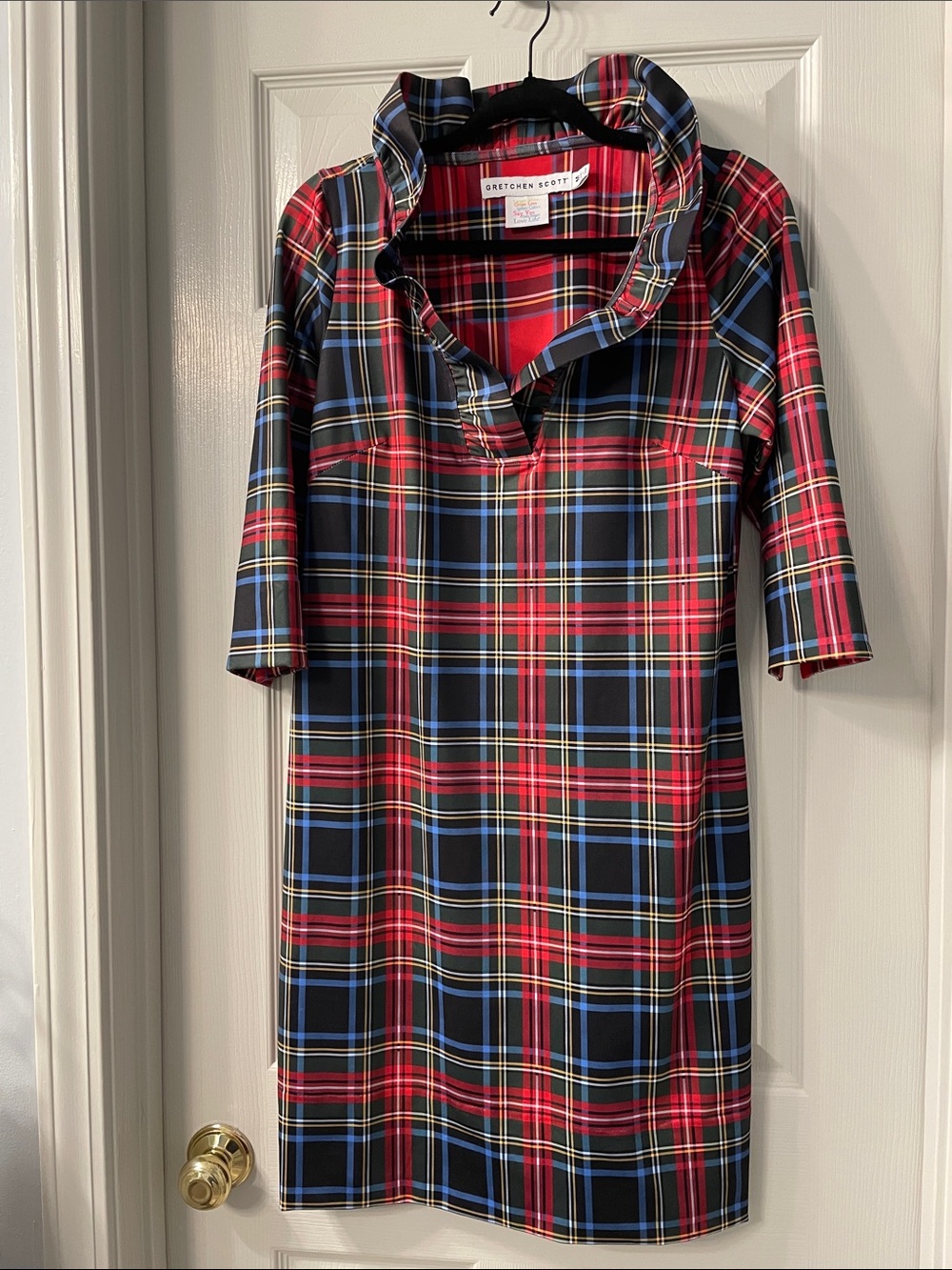Gretchen Scott Designs Red and Blue Plaid Ruffle-Neck Midi Dress